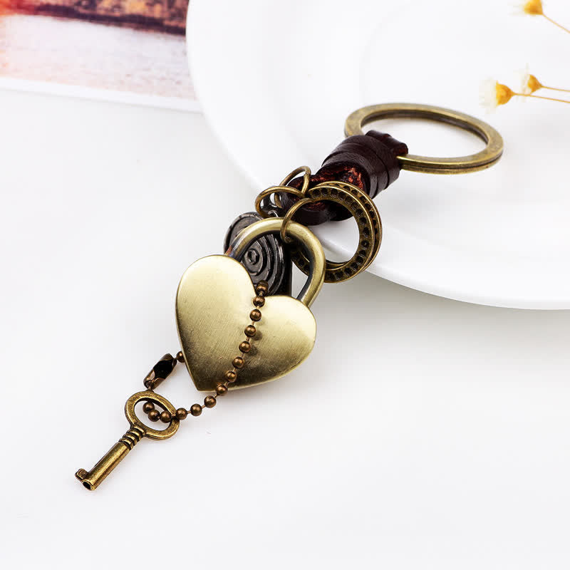 Heart Shaped Lock & Key Leather Keychain - Bronze - image 0