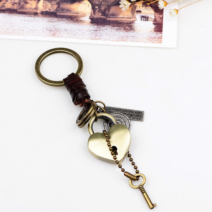 Heart Shaped Lock & Key Leather Keychain