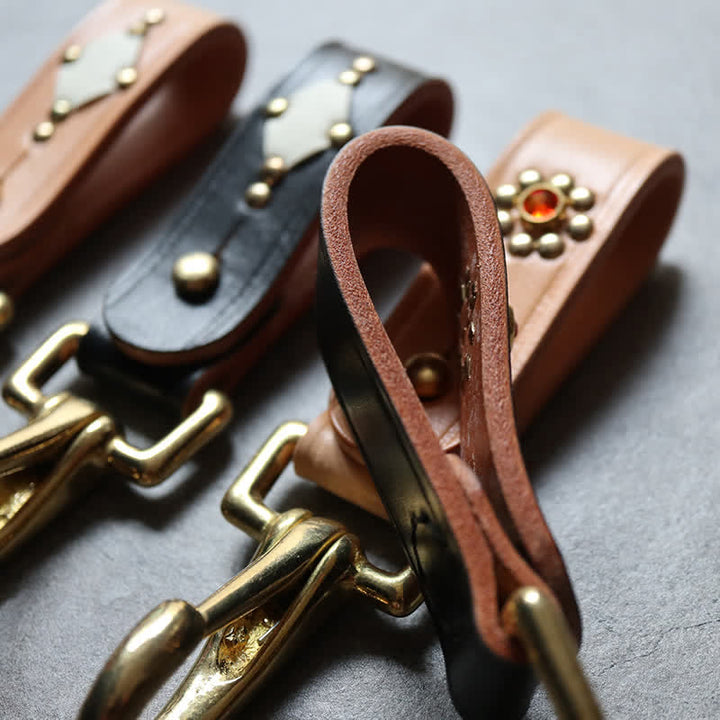 Rivets Studded Brass Key Holder Belt Clip Leather Keychain