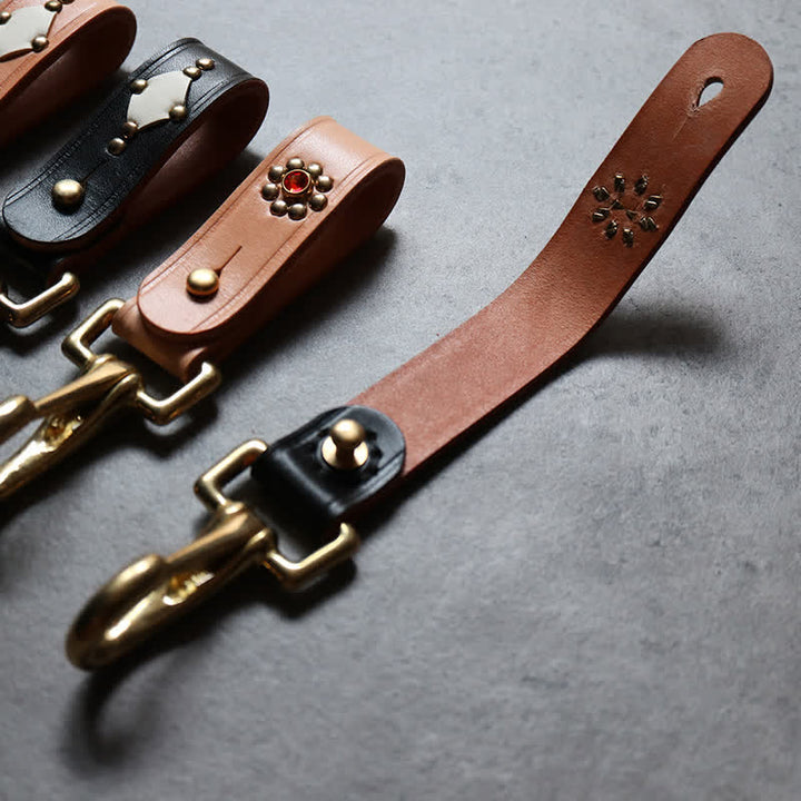 Rivets Studded Brass Key Holder Belt Clip Leather Keychain