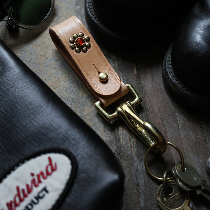 Rivets Studded Brass Key Holder Belt Clip Leather Keychain