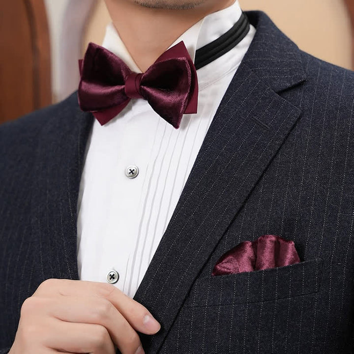 Men's Romantic Velvet Burgundy Handkerchief Bow Tie