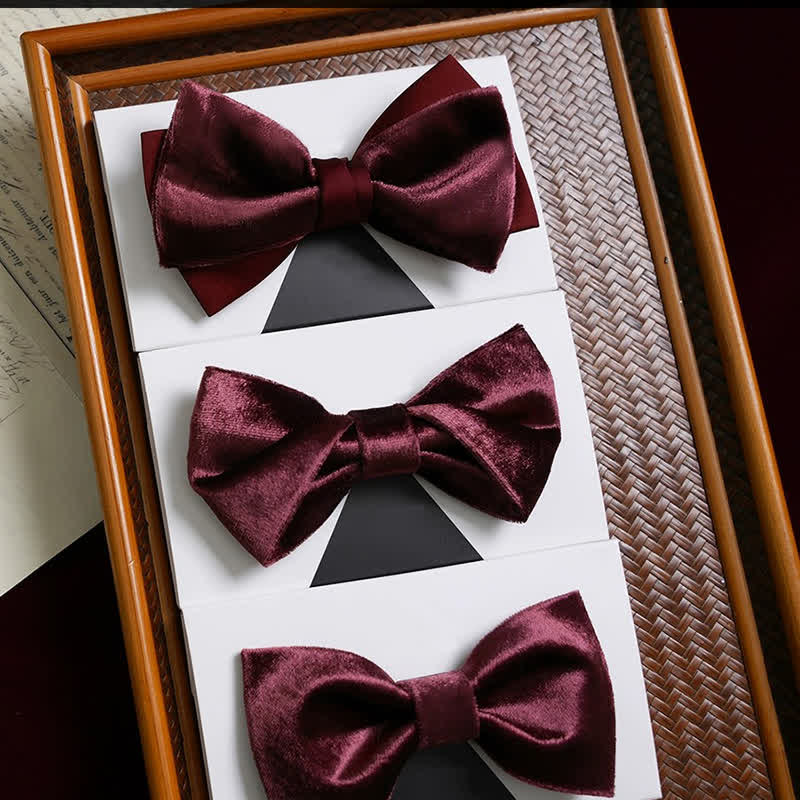 Men's Romantic Velvet Burgundy Handkerchief Bow Tie