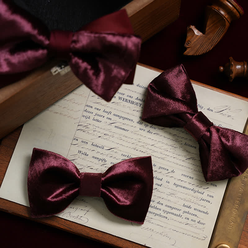 Men's Romantic Velvet Burgundy Handkerchief Bow Tie