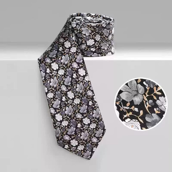 Men's Black & Gray Liitle Floral Pure Silk Necktie