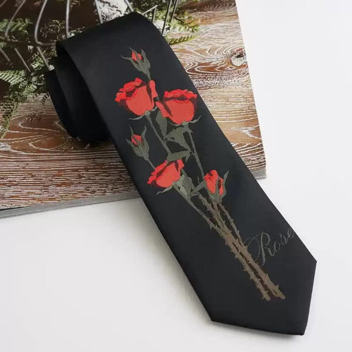 Men's Romantic Black A Bunch Of Red Roses Pattern Necktie