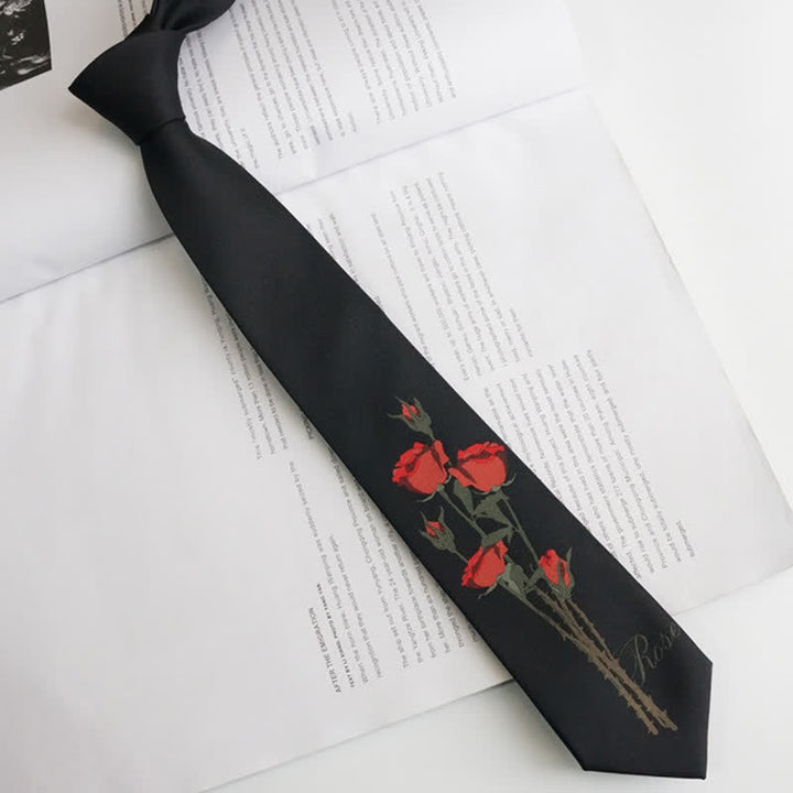 Men's Romantic Black A Bunch Of Red Roses Pattern Necktie