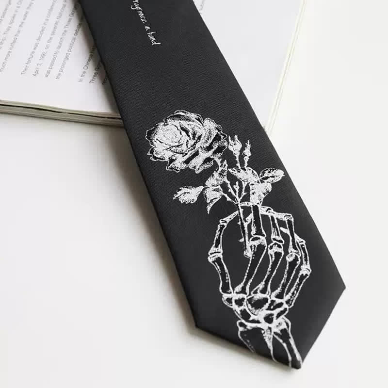 Men's Black & Silver Give People Rose Printed Necktie