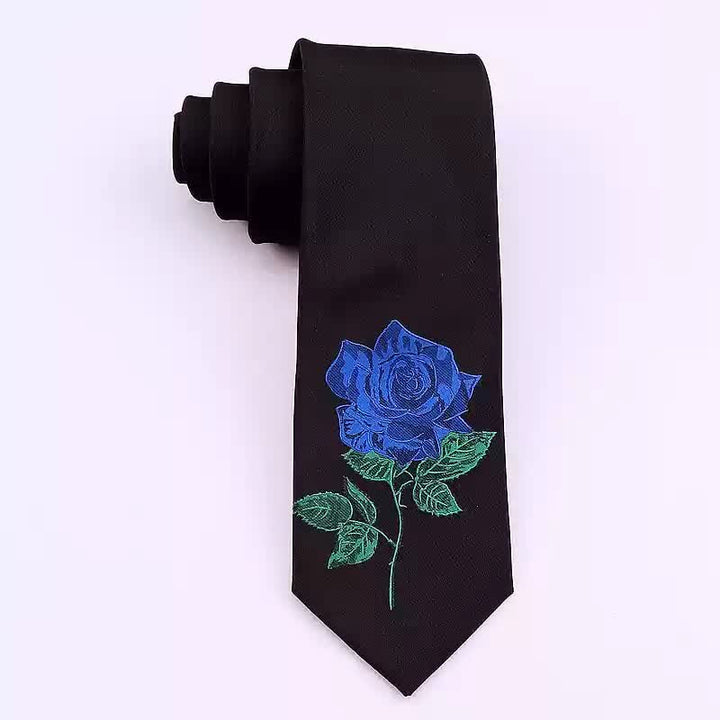 Men's Black Embroidered Rose Blue Enchantress Necktie