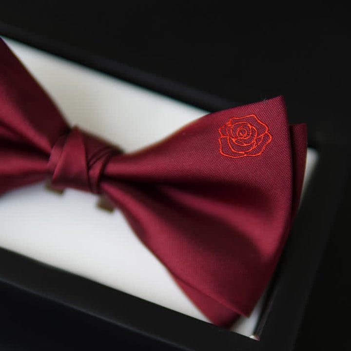 Men's Bugundy Rose Embroidery Handkerchief Bow Tie