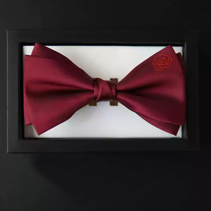 Men's Bugundy Rose Embroidery Handkerchief Bow Tie