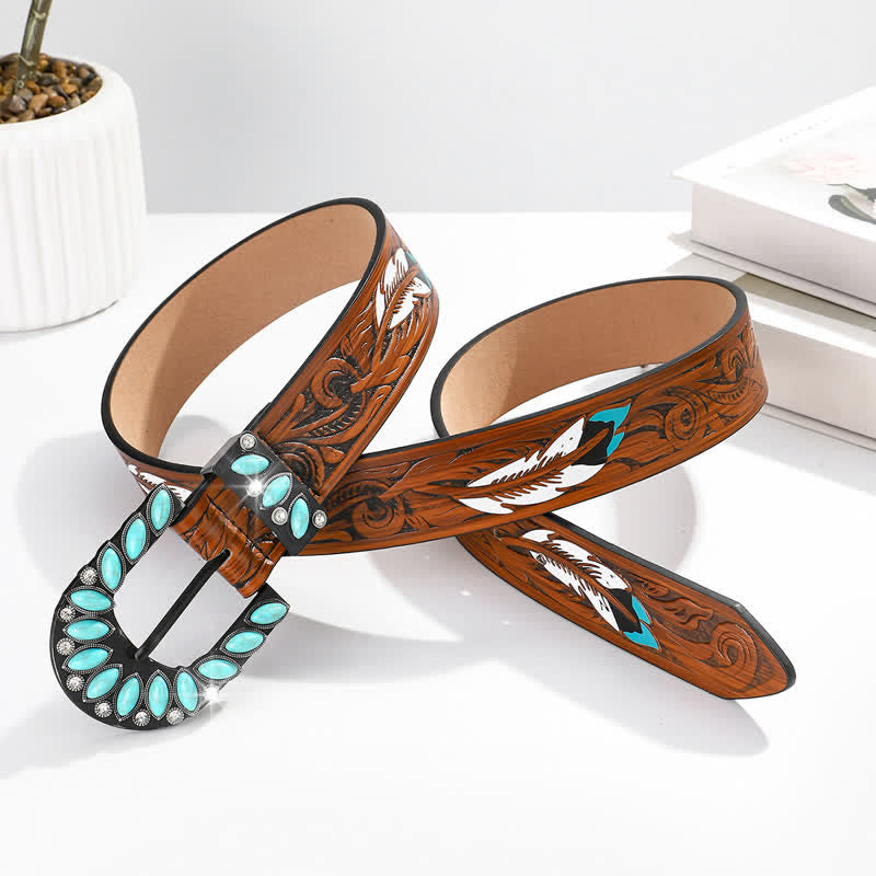 Boho Chic Vintage Feather Print Turquoise Buckle Leather Belt