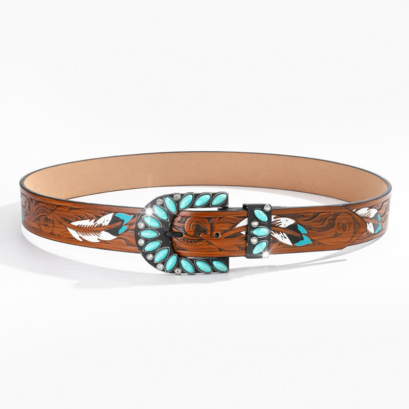 Boho Chic Vintage Feather Print Turquoise Buckle Leather Belt