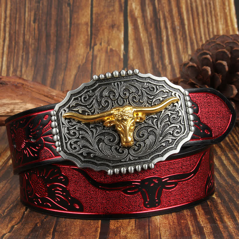 Weatern Gold Longhorn Bull Head Colorful Leather Belt