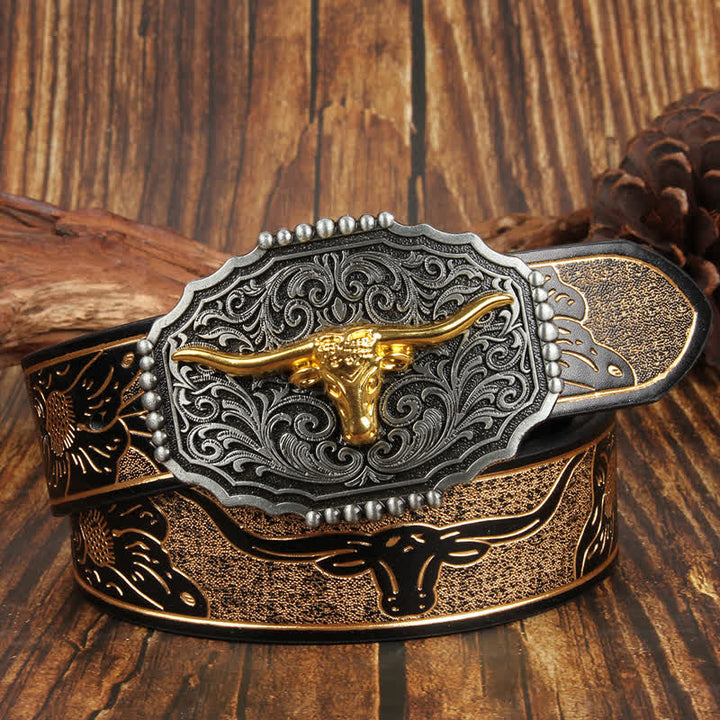 Weatern Gold Longhorn Bull Head Colorful Leather Belt