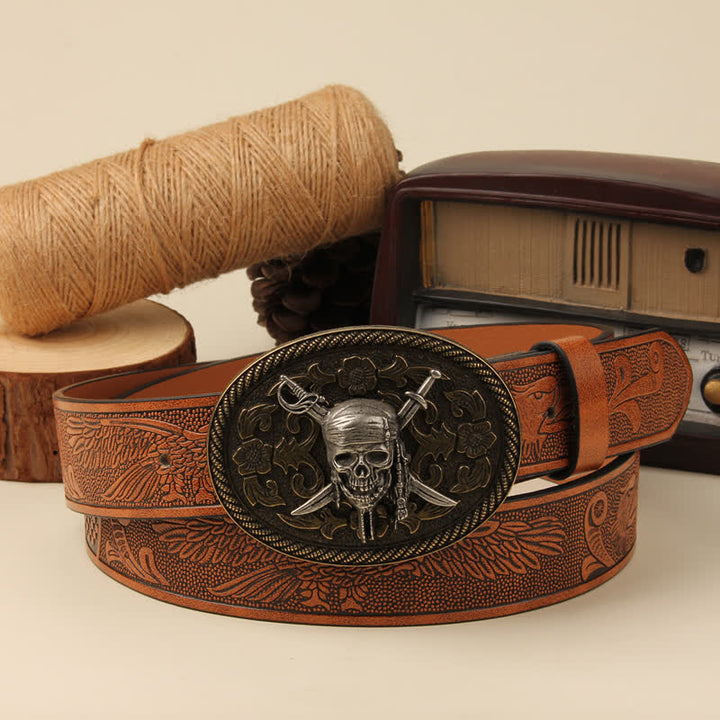 Vampire Skull & Dual Swords Buckle Leather Belt