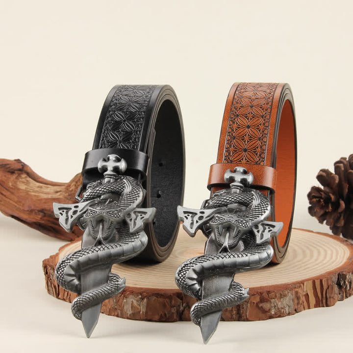 Men's Silver 3D The Dagger & The Cobra Buckle Leather Belt