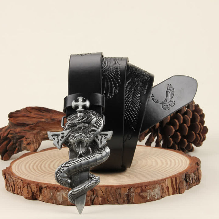 Men's Silver 3D The Dagger & The Cobra Buckle Leather Belt