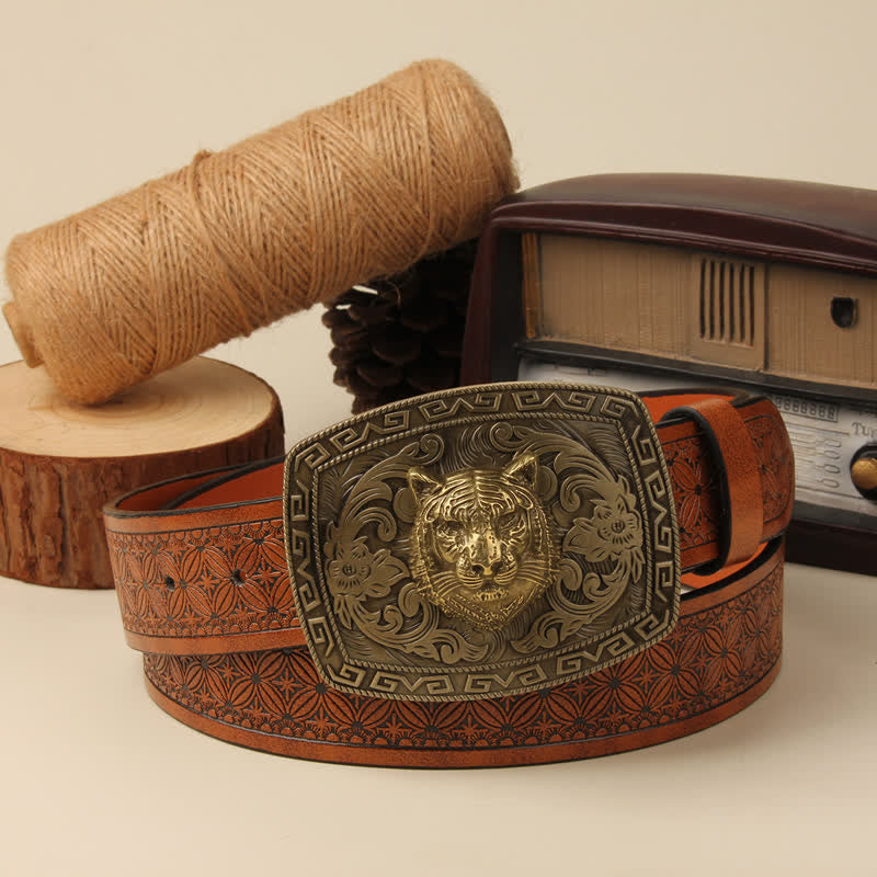 Men's Tiger Head Buckle Carved Floral Buckle Leather Belt