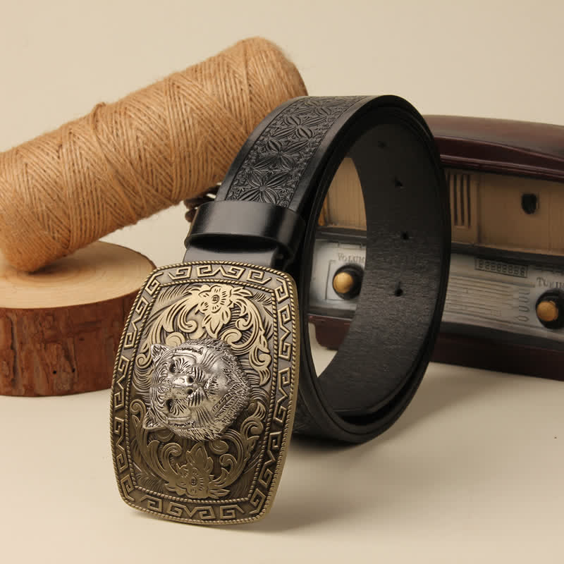 Men's Tiger Head Buckle Carved Floral Buckle Leather Belt