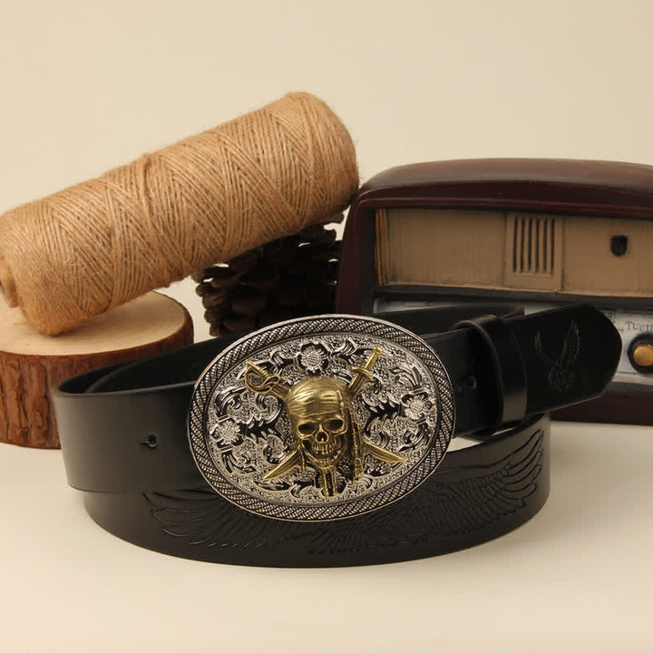 Gold Vampire Skull & Dual Swords Silver Buckle Leather Belt