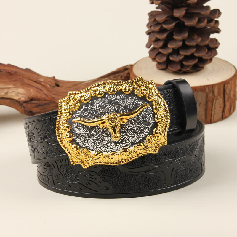 Gold & Silver Western Bull Buckle Leather Belt