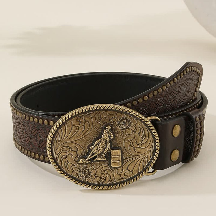 Western Style Rivet Embossed Weave Pattern Leather Belt