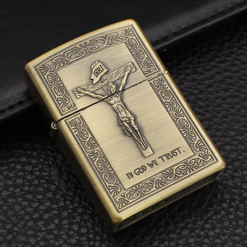 Bronze Jesus Cross Relief Craft Refillable Kerosene Lighter