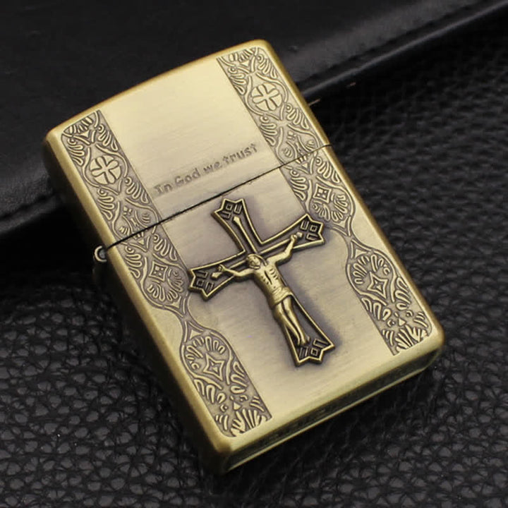 Bronze Jesus Cross Relief Craft Refillable Kerosene Lighter