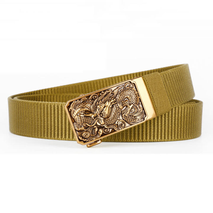 Men's Gold Coiled Dragon Automatic Buckle Nylon Belt