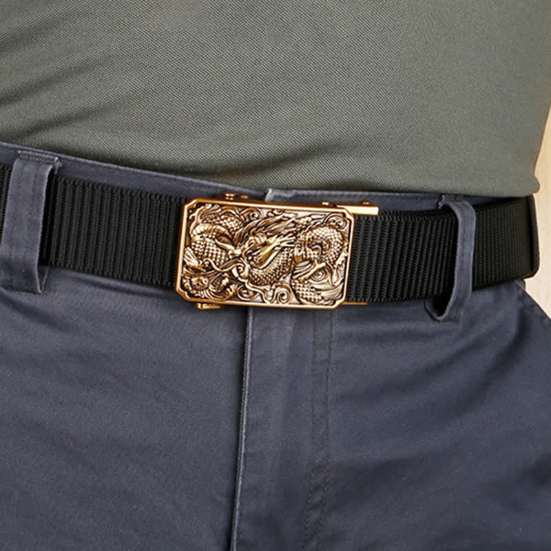 Men's Gold Coiled Dragon Automatic Buckle Nylon Belt