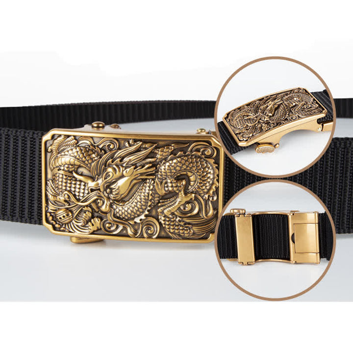 Men's Gold Coiled Dragon Automatic Buckle Nylon Belt