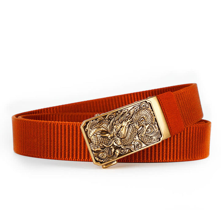 Men's Gold Coiled Dragon Automatic Buckle Nylon Belt