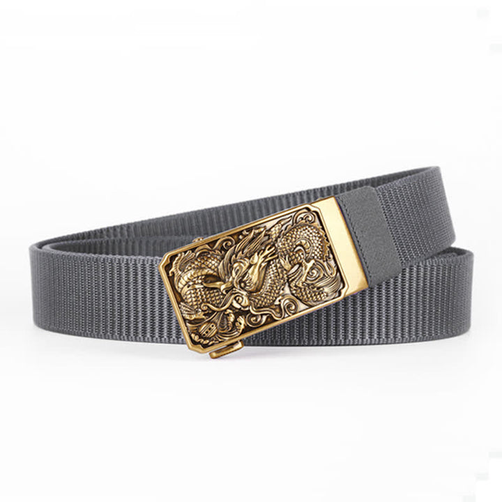 Men's Gold Coiled Dragon Automatic Buckle Nylon Belt