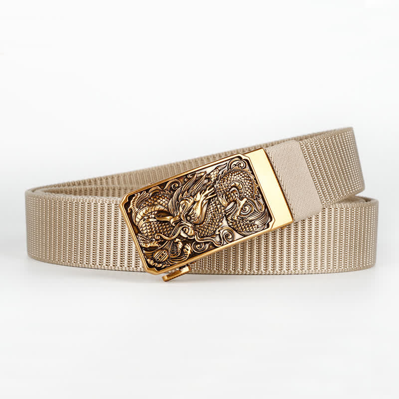 Men's Gold Coiled Dragon Automatic Buckle Nylon Belt