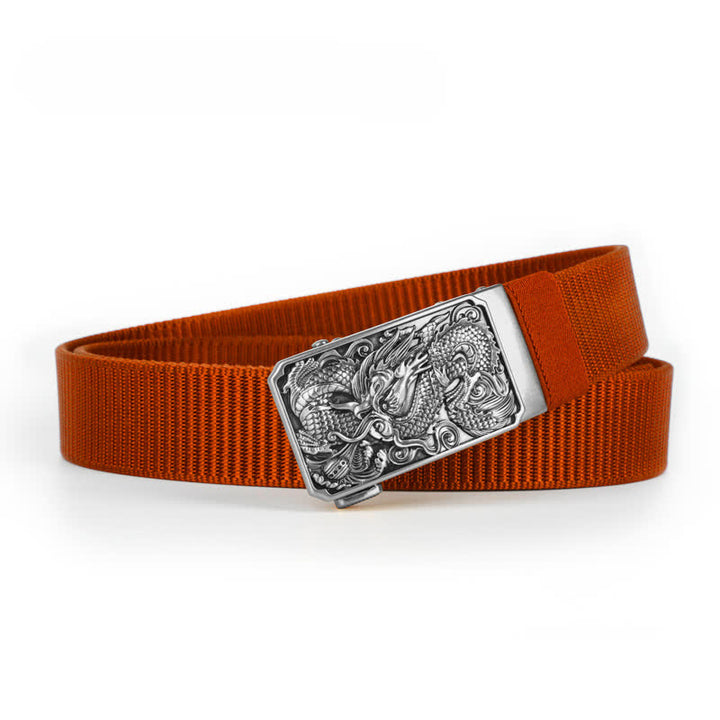 Men's Silver Coiled Dragon Automatic Buckle Nylon Belt