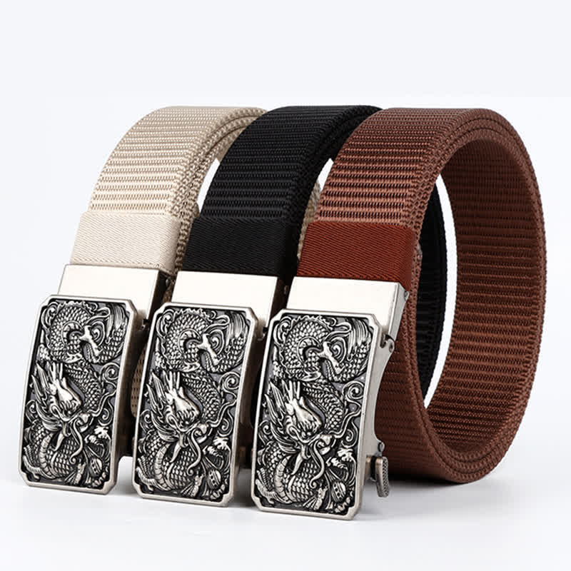 Men's Silver Coiled Dragon Automatic Buckle Nylon Belt