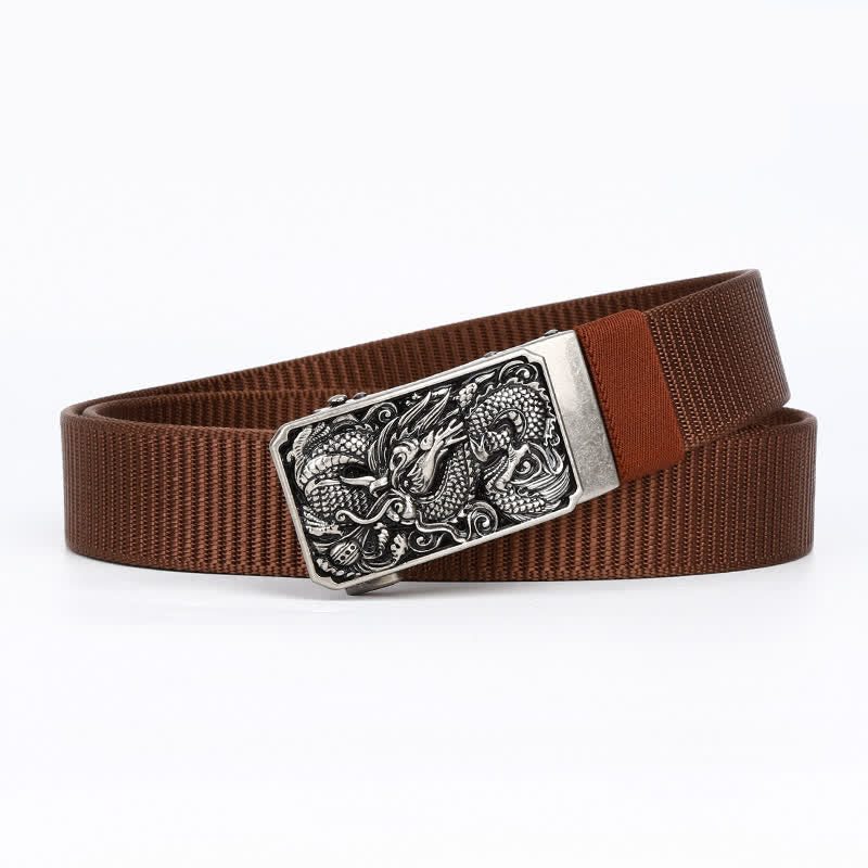 Men's Silver Coiled Dragon Automatic Buckle Nylon Belt