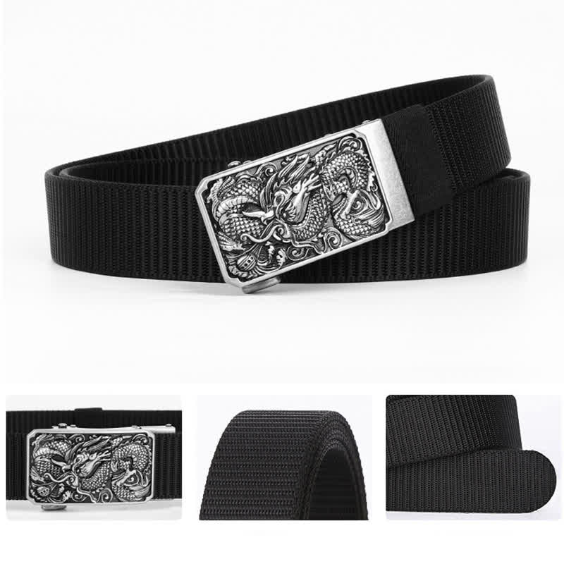 Men's Silver Coiled Dragon Automatic Buckle Nylon Belt