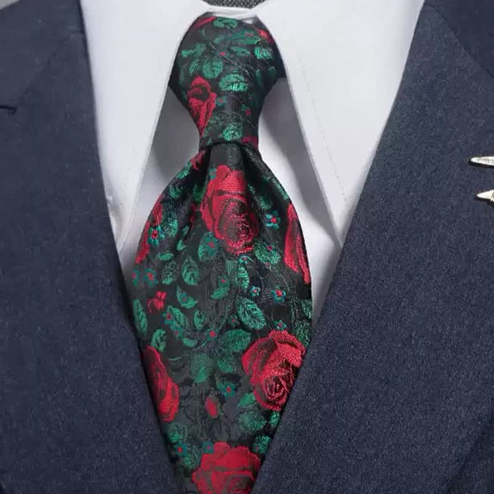 Men's Green Leaves & Red Rose Print Bow Tie Necktie