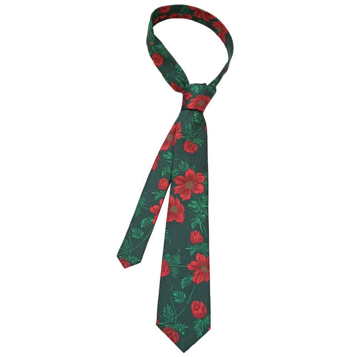 Men's Green Leaves & Red Rose Print Bow Tie Necktie