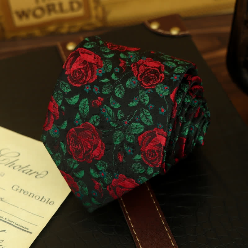 Men's Green Leaves & Red Rose Print Bow Tie Necktie