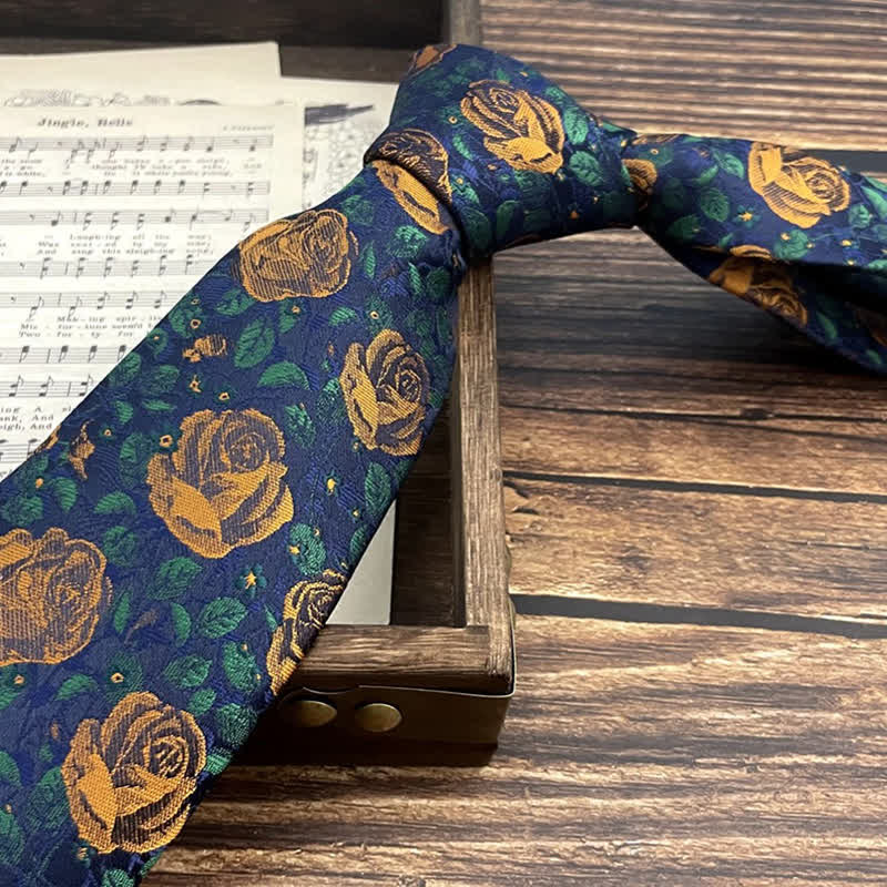 Men's Navy & Orange Rose Floral Printed Bow Tie Necktie