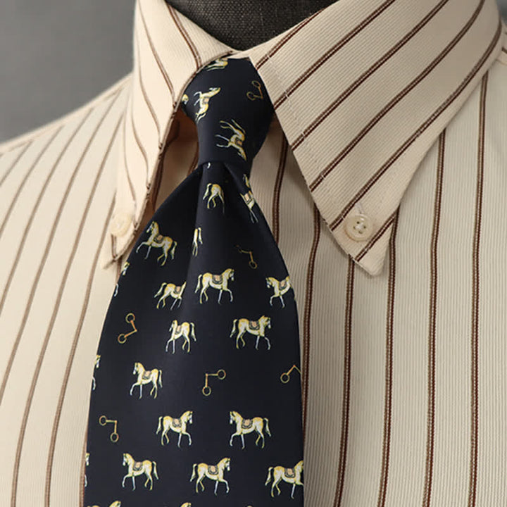 Men's Midnight Blue & Gold Saddled Horse Motifs Necktie