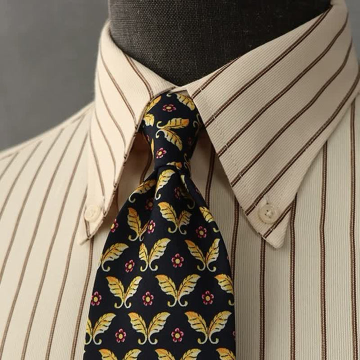 Men's Red Flowers & Gold Butterfly Motifs Dark Blue Necktie