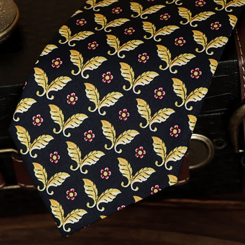 Men's Red Flowers & Gold Butterfly Motifs Dark Blue Necktie