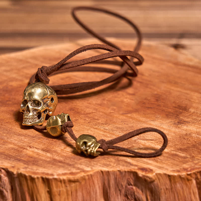 Motorcycle Accessory Brass Skull Head Leather Keychain