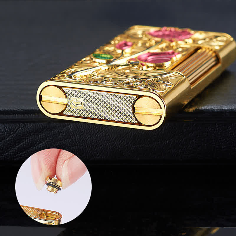 Gold Red Rose Flint Side Slide Refillable Butane Lighter