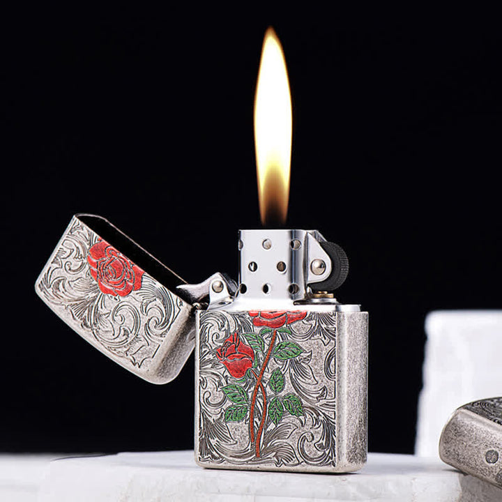 Painted Rose Relief Pattern Refillable Kerosene Lighter