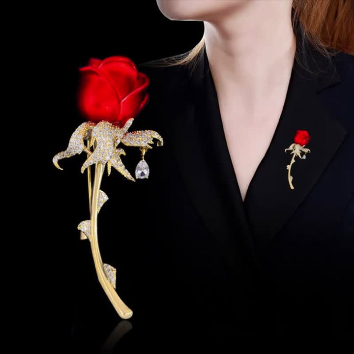 Women's Charming Red Rose Shiny Rhinestone Brooch